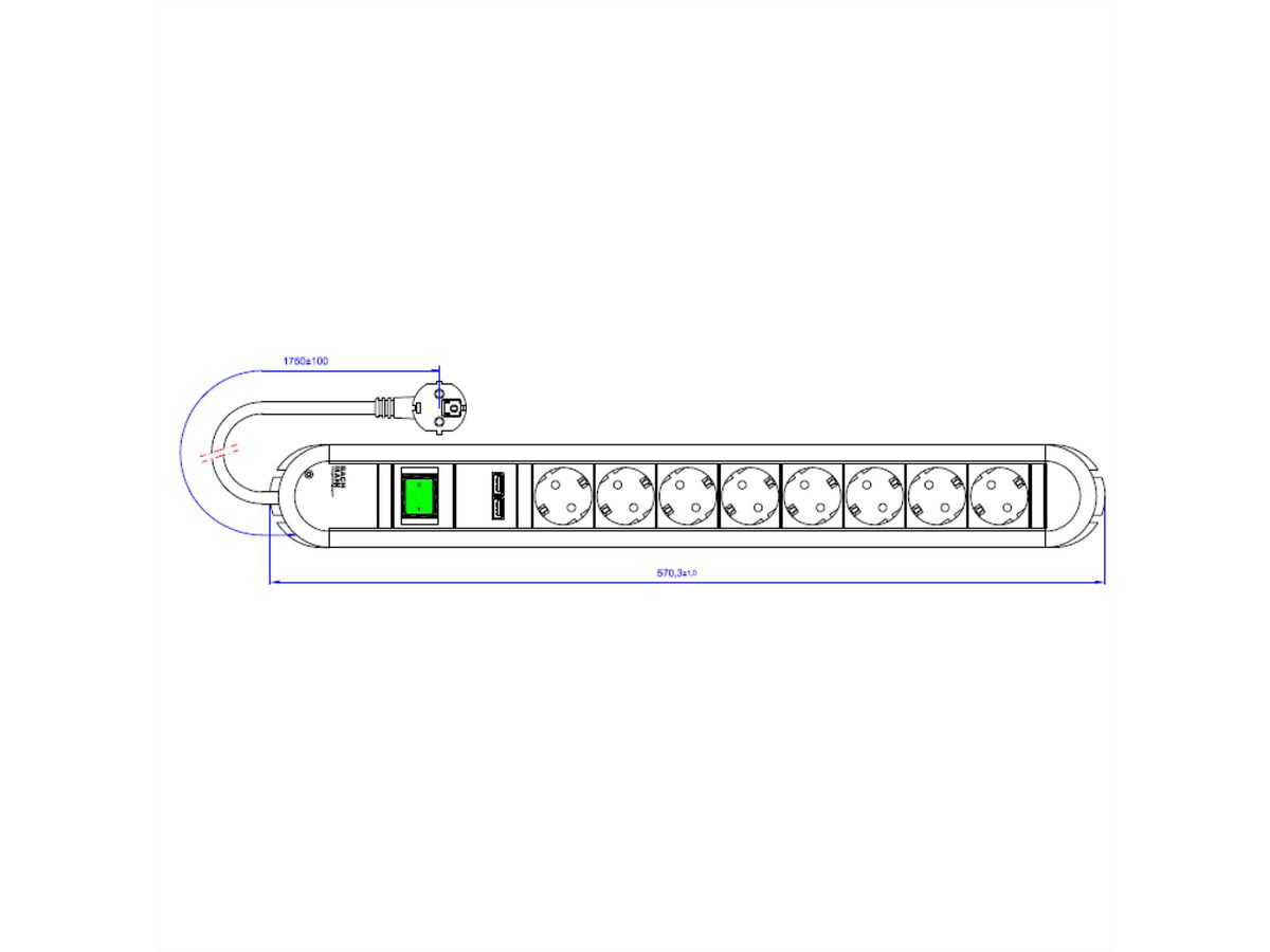 BACHMANN PRIMO socket strip 8x earthing contact, 2x USB charging port, switch, 1.75 m