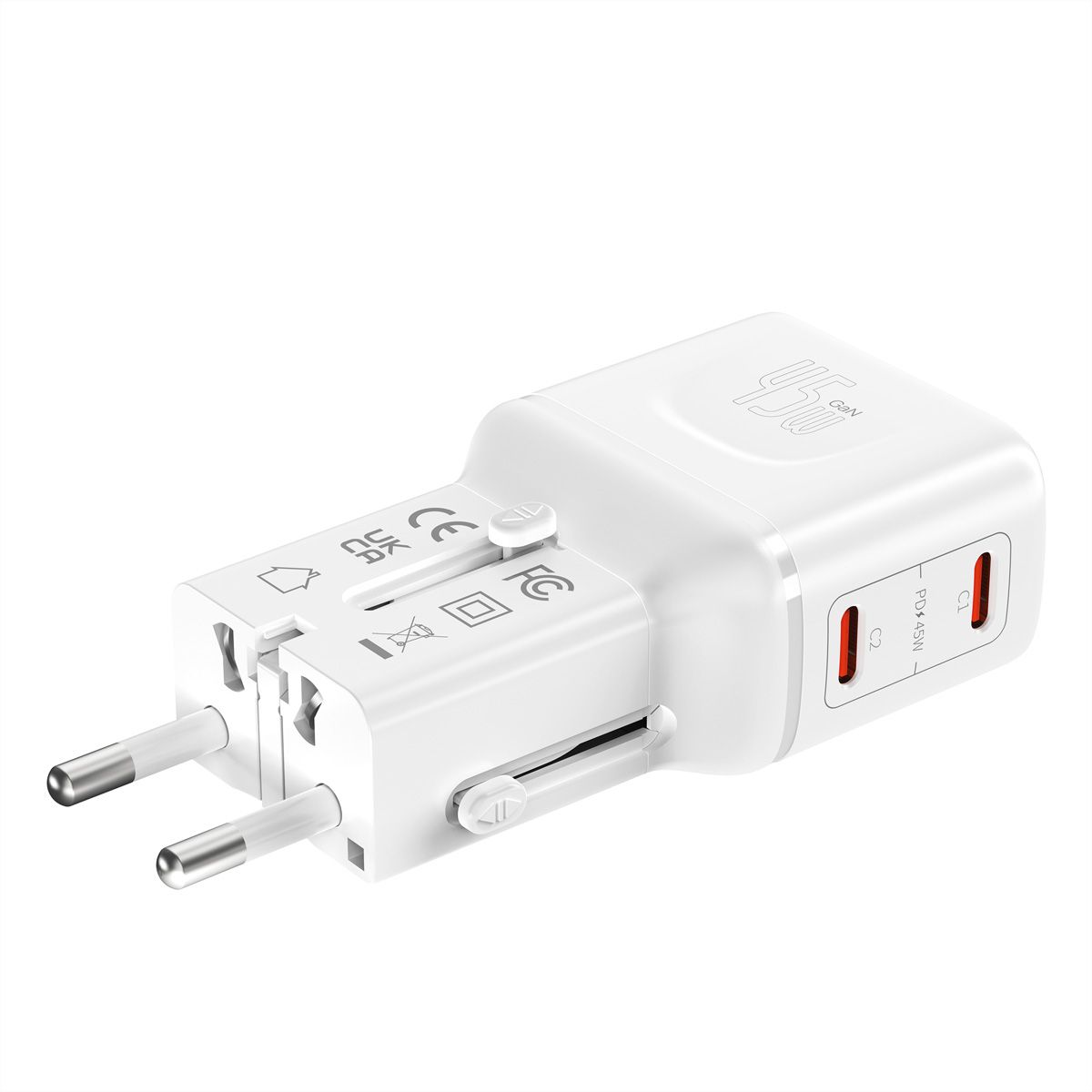 VALUE reisoplader met platte Euro/UK/US stekker, 2 USB-C-poorten, 45 W