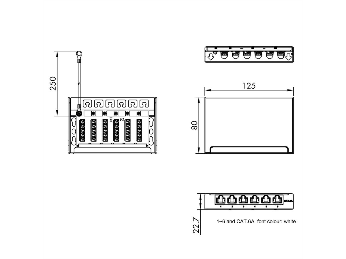ROLINE Mini Patchpanel, Cat.6A/Cl.EA, 0.5U, 6x RJ45 ports, shielded, black
