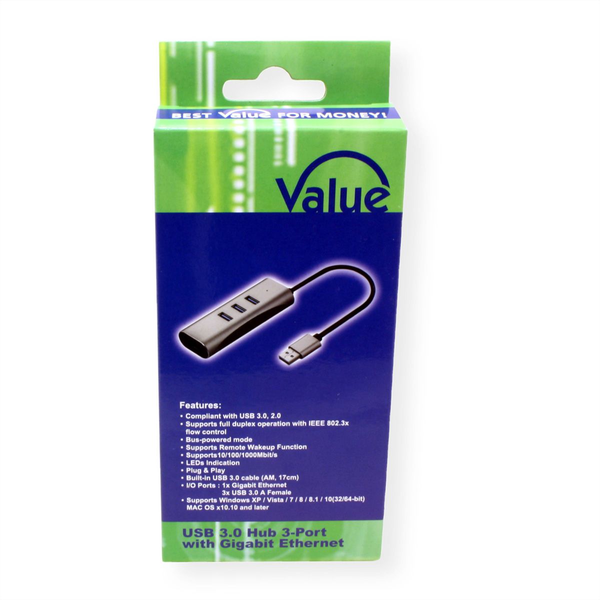 VALUE USB-A to Gigabit Ethernet Converter + Hub
