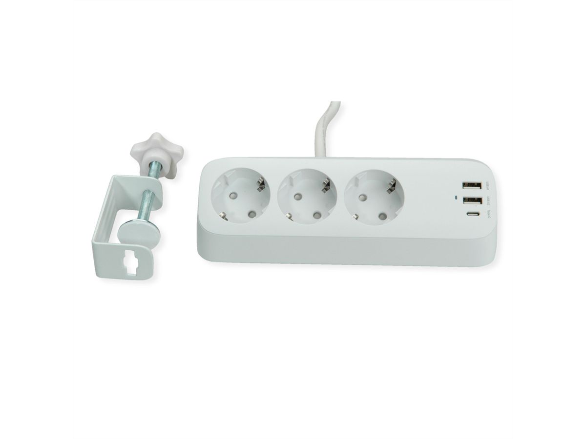 VALUE Power Strip, 3-way, with 3x USB (1x C + 2x A) and table clamp, 1.5 m