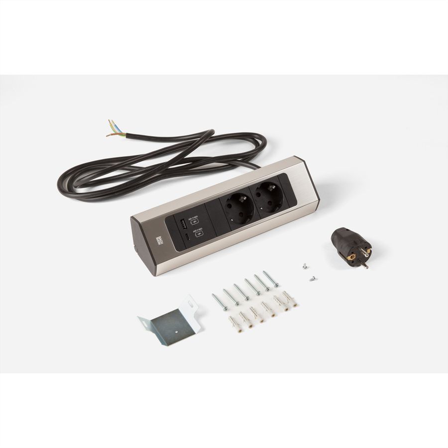 BACHMANN CASIA 2 2xCEE7/3 1xUSB A/C 22W 2,0m AEH roestvrij staal look