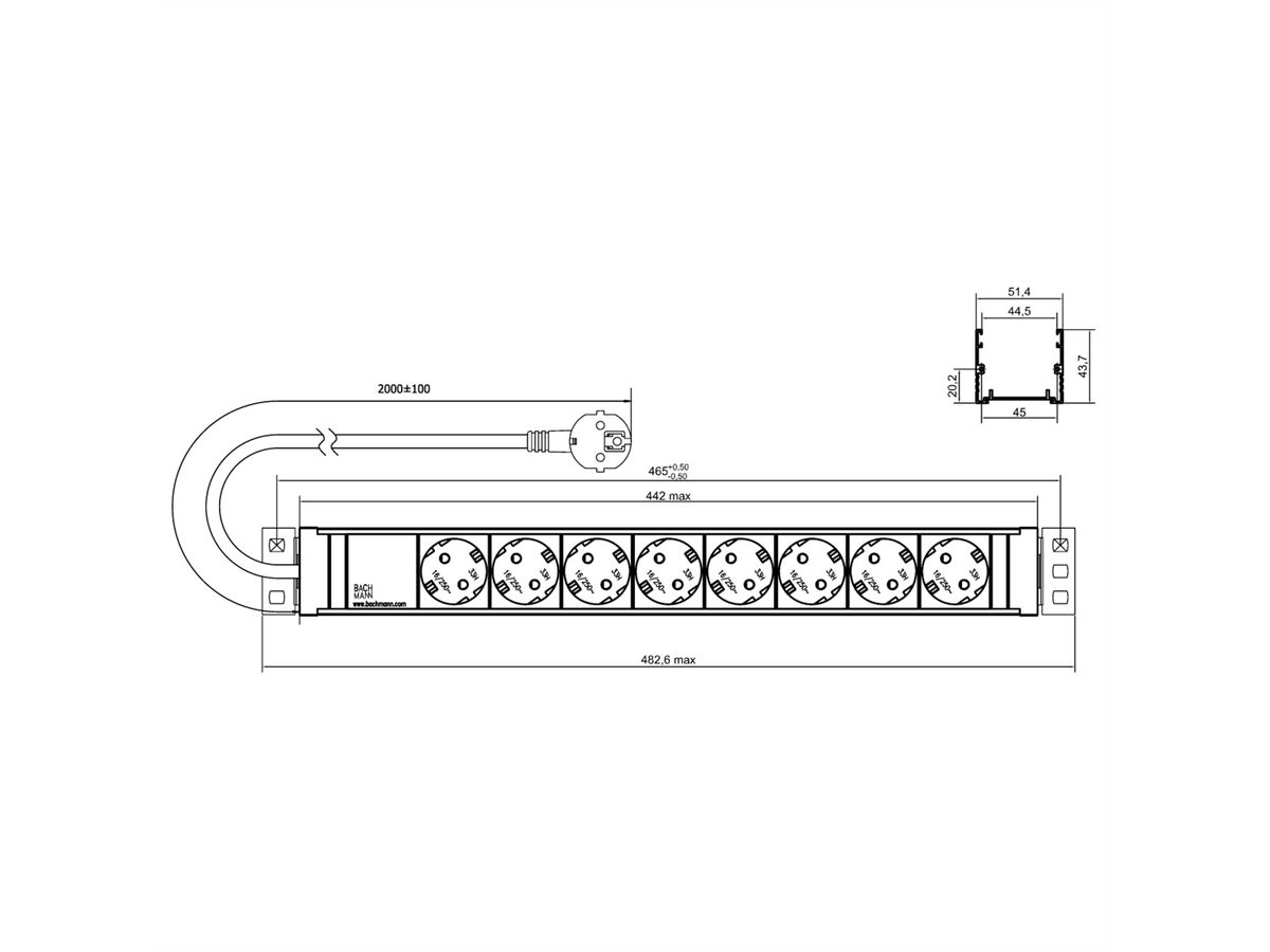 BACHMANN 19" 1.5U 8xCEE7/3 ws power 2.0m CEE7/7