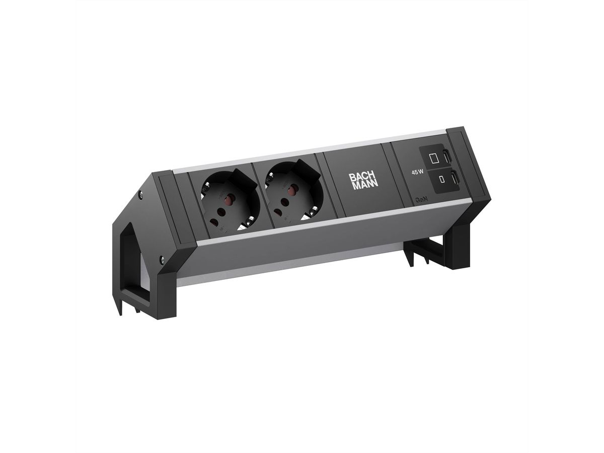 BACHMANN DESK2 ALU BLACK 2xP40, 1xUSB C/C 45W L=0,2m
