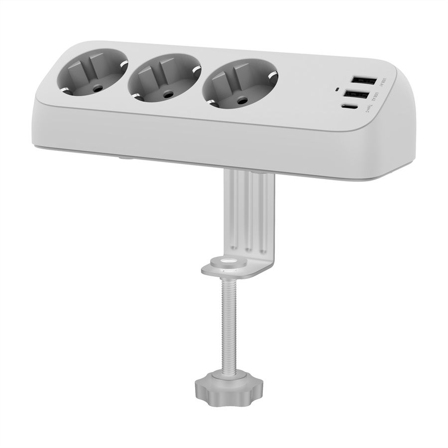 VALUE tafelstekkerdoos, 3-voudig met schakelaar, incl. 3x USB (2x A, 1x C), met tafelklem , 1,5 m