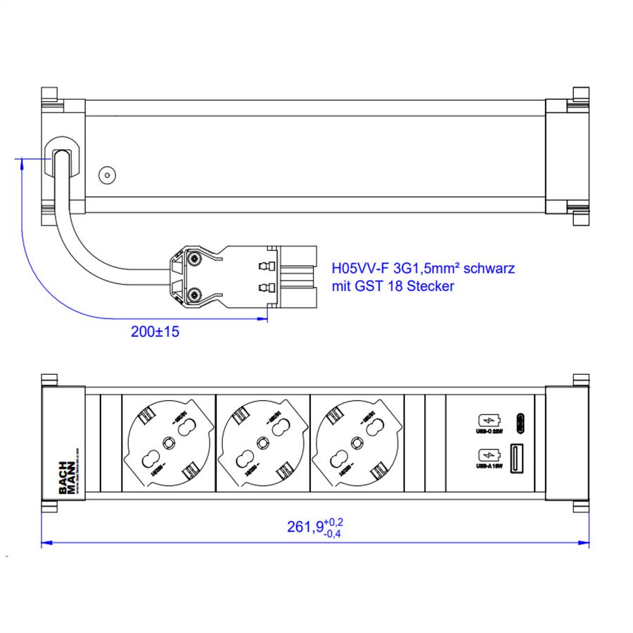 BACHMANN POWER FRAME M 3xP40, 1xUSB A&C 22W 0.2m GST18 Italia