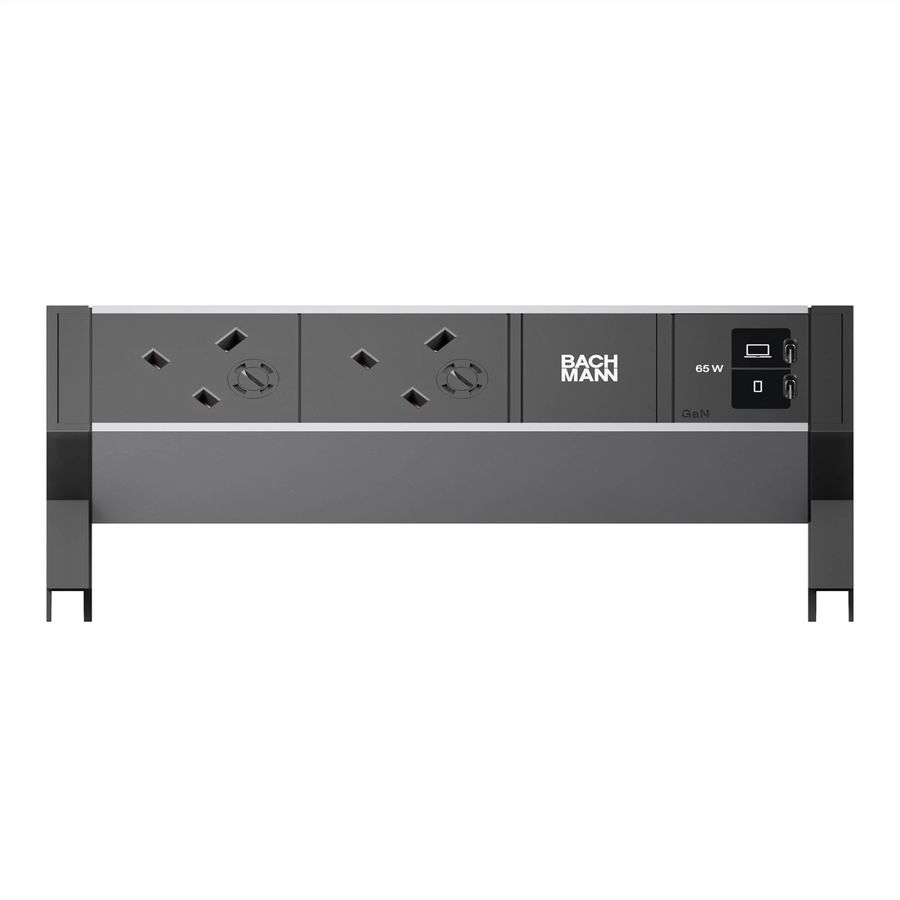 BACHMANN DESK2 ALU BLACK 2xUK, 1xUSB C/C 65W L=0,2m