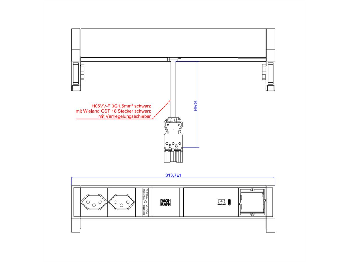 BACHMANN DESK2 2xCH 1xUSB C 60W 1xCM, 0,2m GST18 INOX Zwitserland