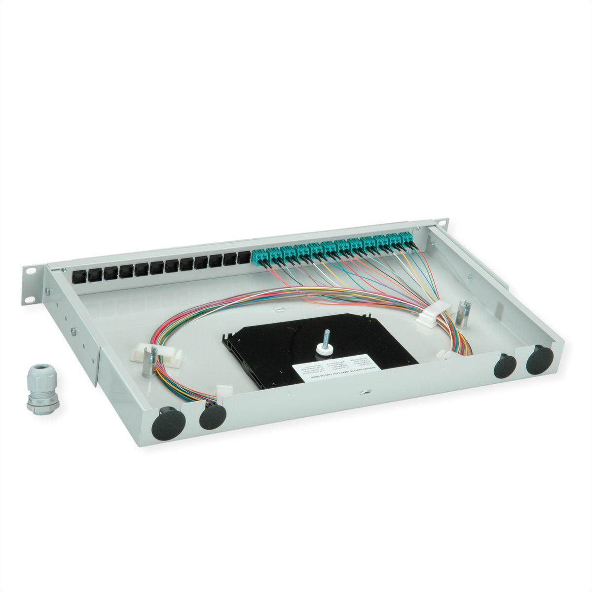 TELEGÄRTNER BASIS V LWL-Panel mit Kupplungen & Pigtails, 12x LC Duplex, türkis, OM3