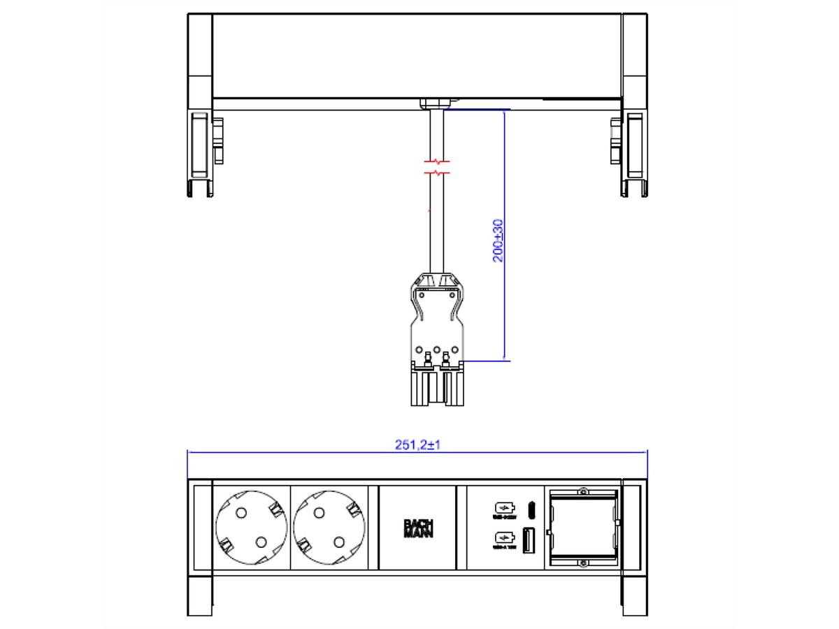 BACHMANN DESK2 ALU WHITE 2xCEE7/3 1xCM 1xUSB A/C 22W 0.2m GST18