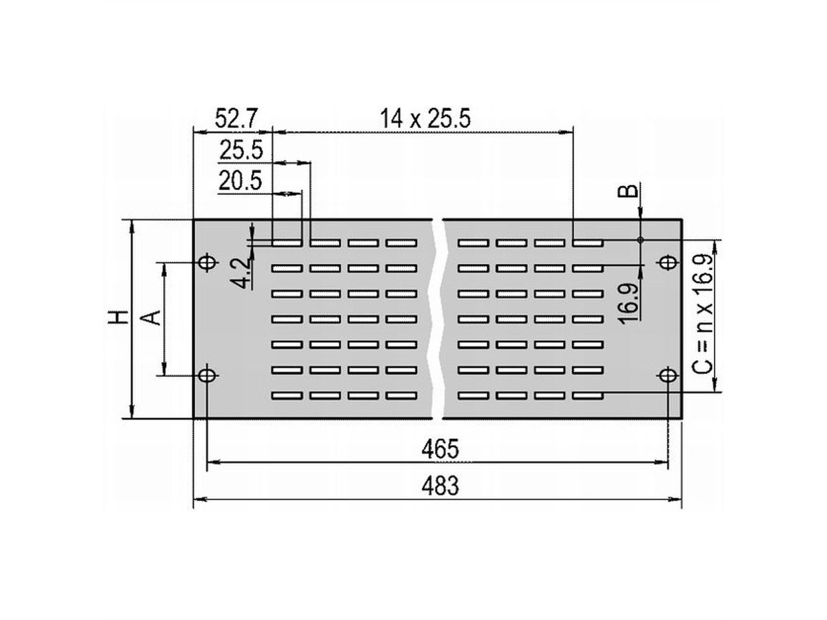 SCHROFF 19" frontpaneel, geventileerd, 1 HE, 2,5 mm, Al, RAL 7021