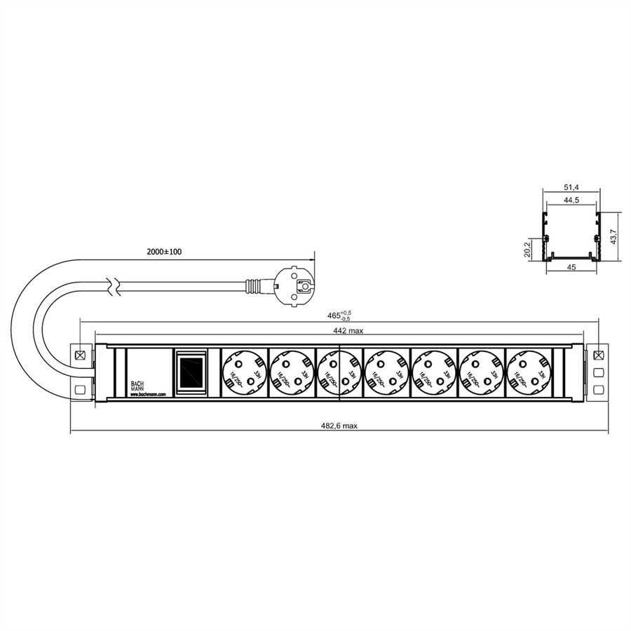 BACHMANN 19" 1.5U 7xCEE7/3 1xswitch power 2.0m CEE7/7