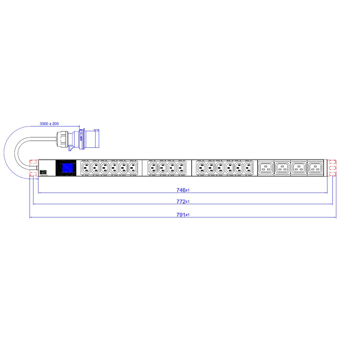 BACHMANN BN0500 19" PDU 1U 16xC13 4xC19, power measurement, CEE 16A connection, blue