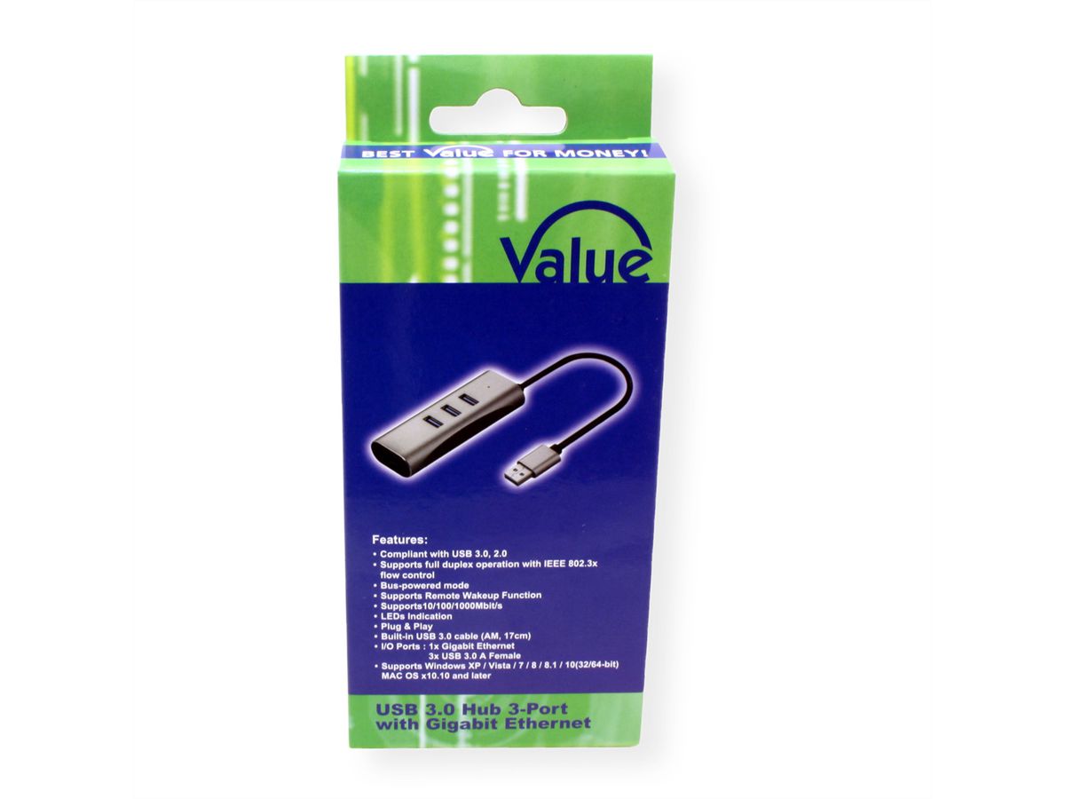 VALUE USB 3.2 Gen 1 to Gigabit Ethernet Converter + 3-way USB Hub