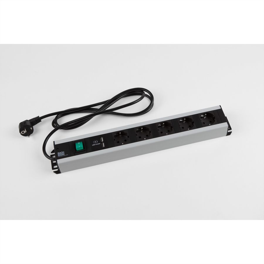 BACHMANN craftsman's socket strip, 5x earthing contact, switch, 2x USB charger, 19-inch rack compatible, 2 m