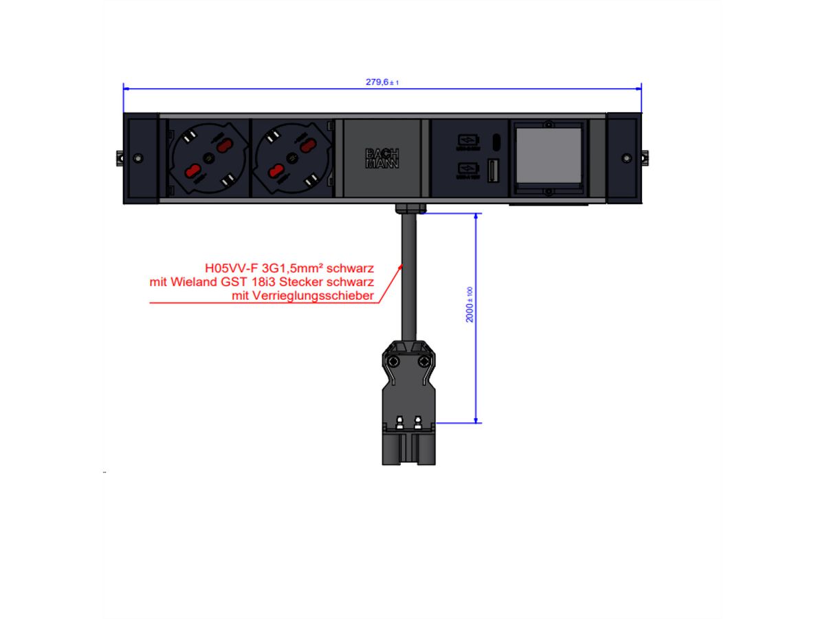 BACHMANN DESK RAIL 2xP40 1xUSB A&C 22W, 1xCM 2,0m GST18 Italië