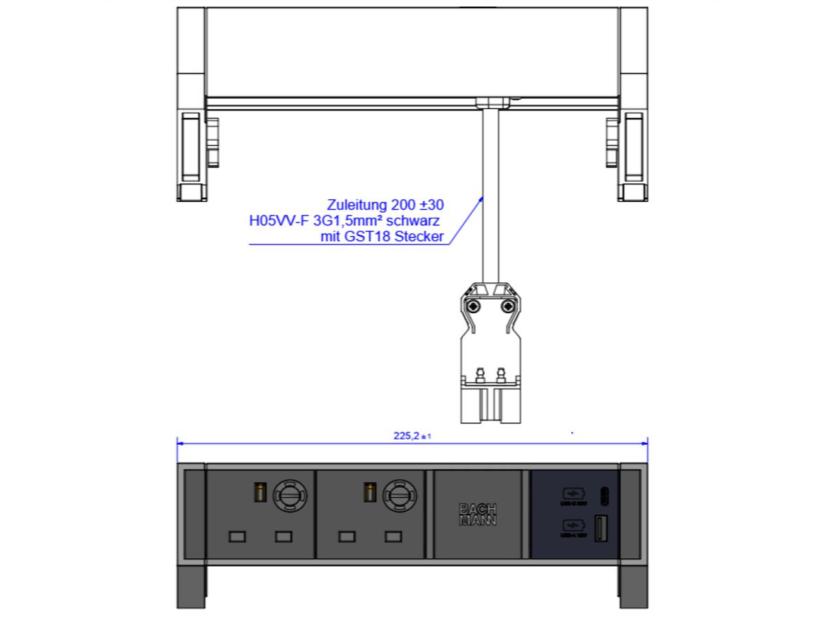 BACHMANN DESK2 2xUK 1xUSB A/C 22W, 0.2m GST18 RAL9010 United Kingdom