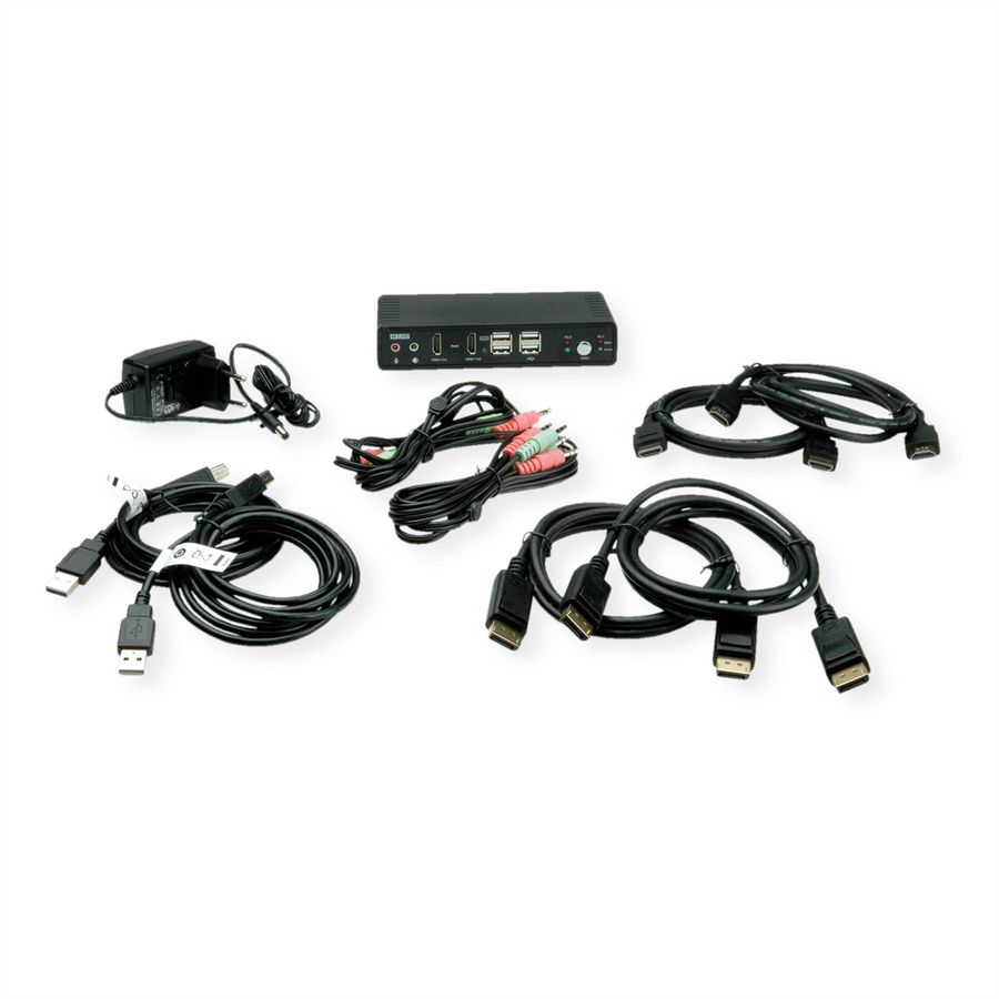 ROLINE Dual-Head 4K@60Hz HDMI KVM Switch, 2 PCs, DP/HDMI, Audio, with 2 Port USB 2.0 Hub