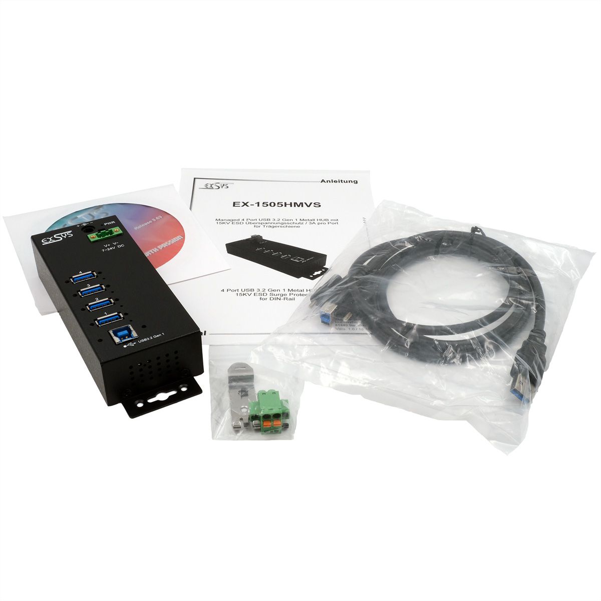 EXSYS EX-1505HMVS 4-Port USB 3.2 Gen 1 Metall Hub mit 3.0A Strom an 4 Ports