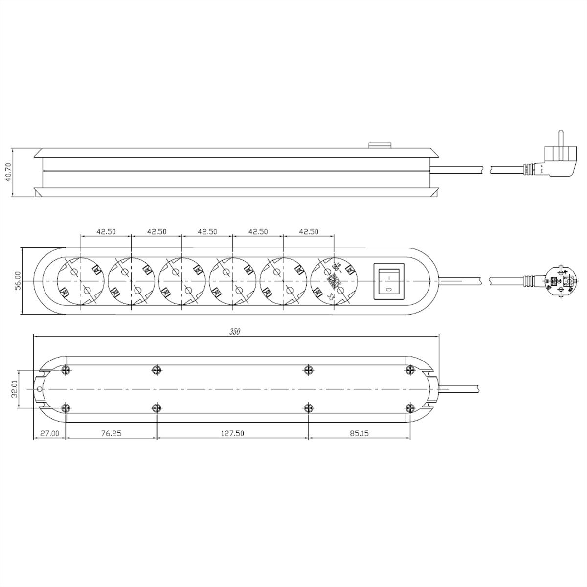 BACHMANN SMART socket strip 6x earthing contact, aluminium, with switch, white, 3 m