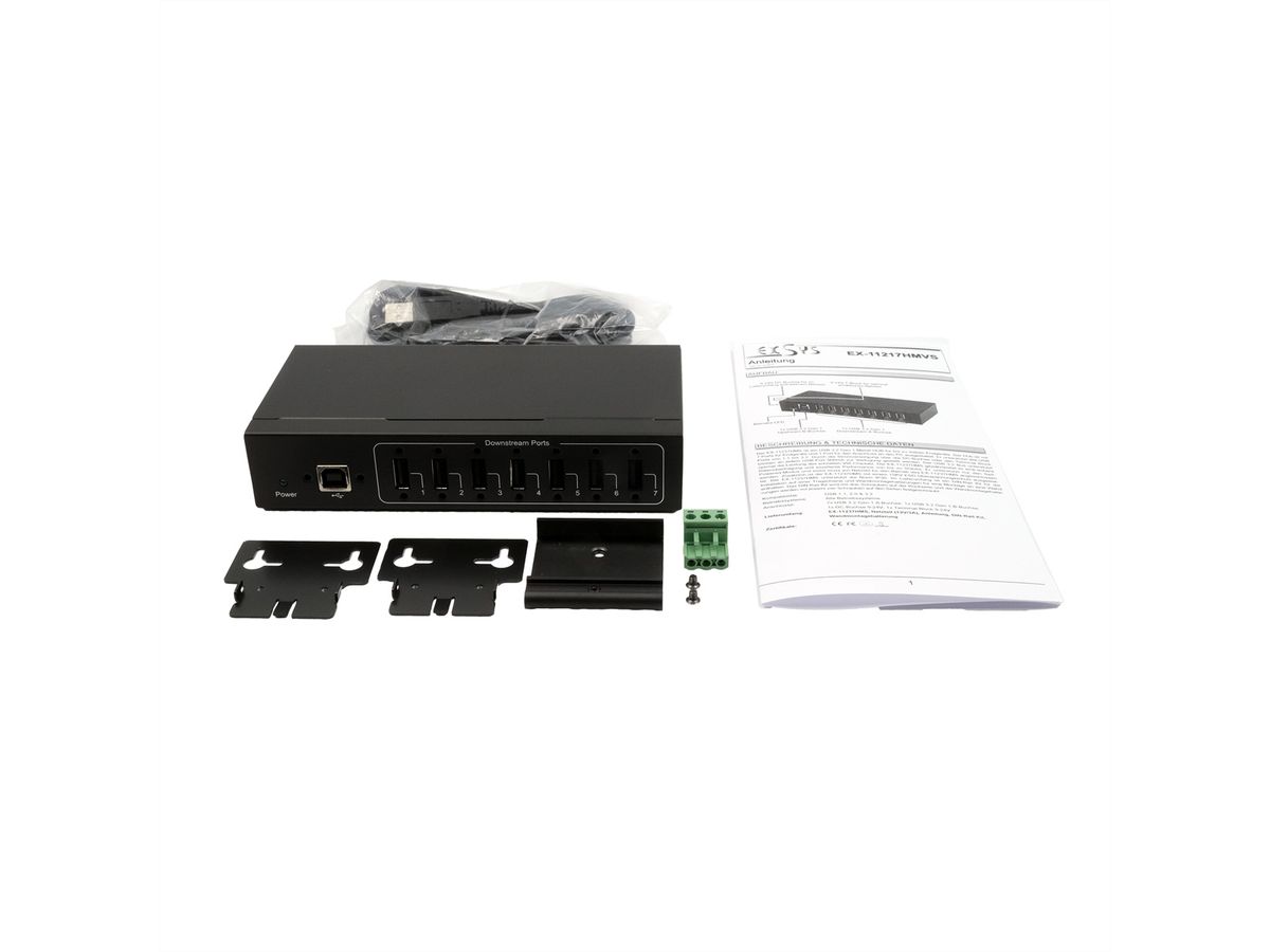 EXSYS EX-11217HMVS 7-poorts USB 2.0 metalen HUB met voeding 5V/2A Genesys-chipset