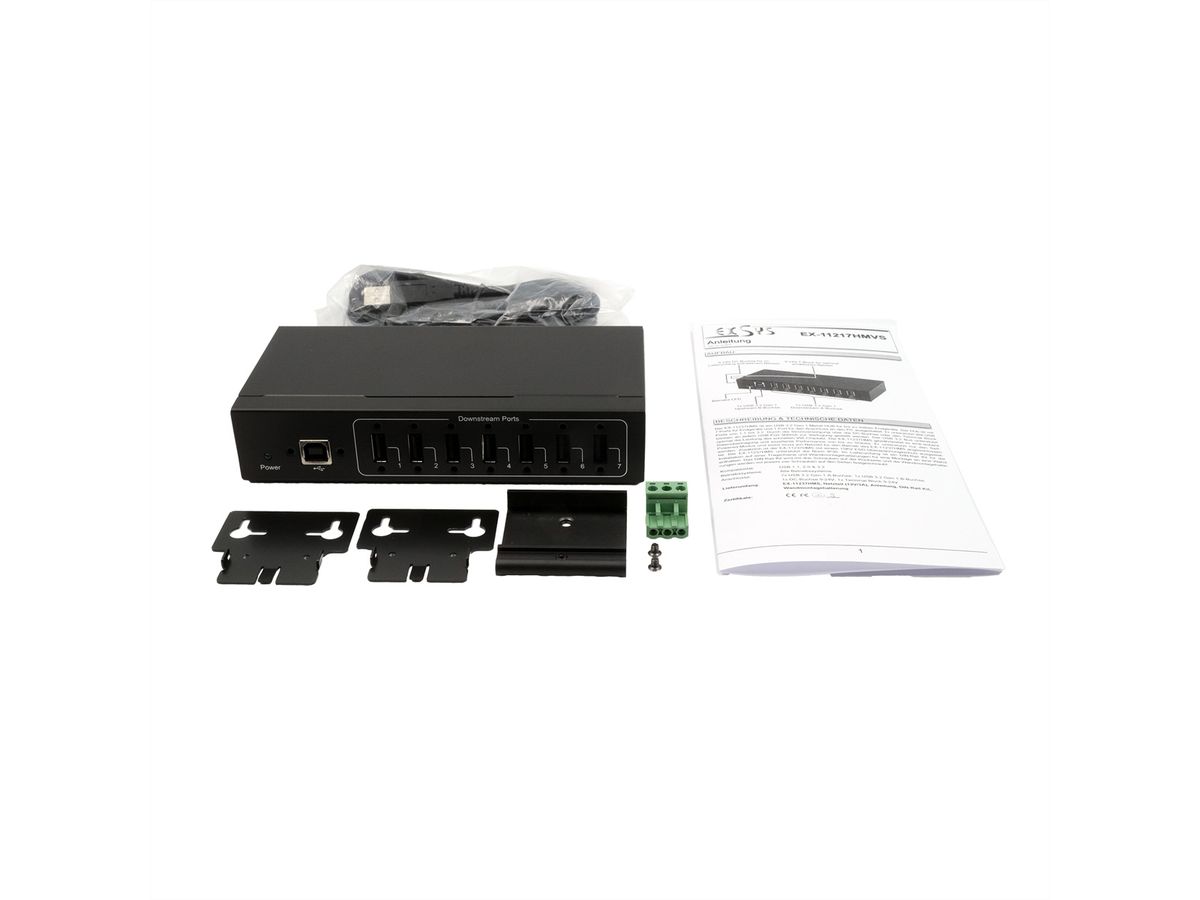 EXSYS EX-11217HMVS 7 Port USB 2.0 Metall HUB mit Netzteil 5V/2A Genesys Chipset