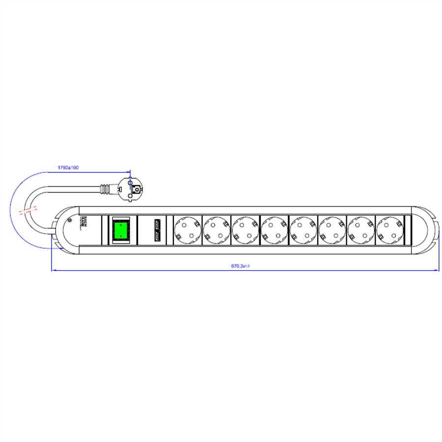 BACHMANN PRIMO socket strip 8x earthing contact, 2x USB charging port, switch, 1.75 m