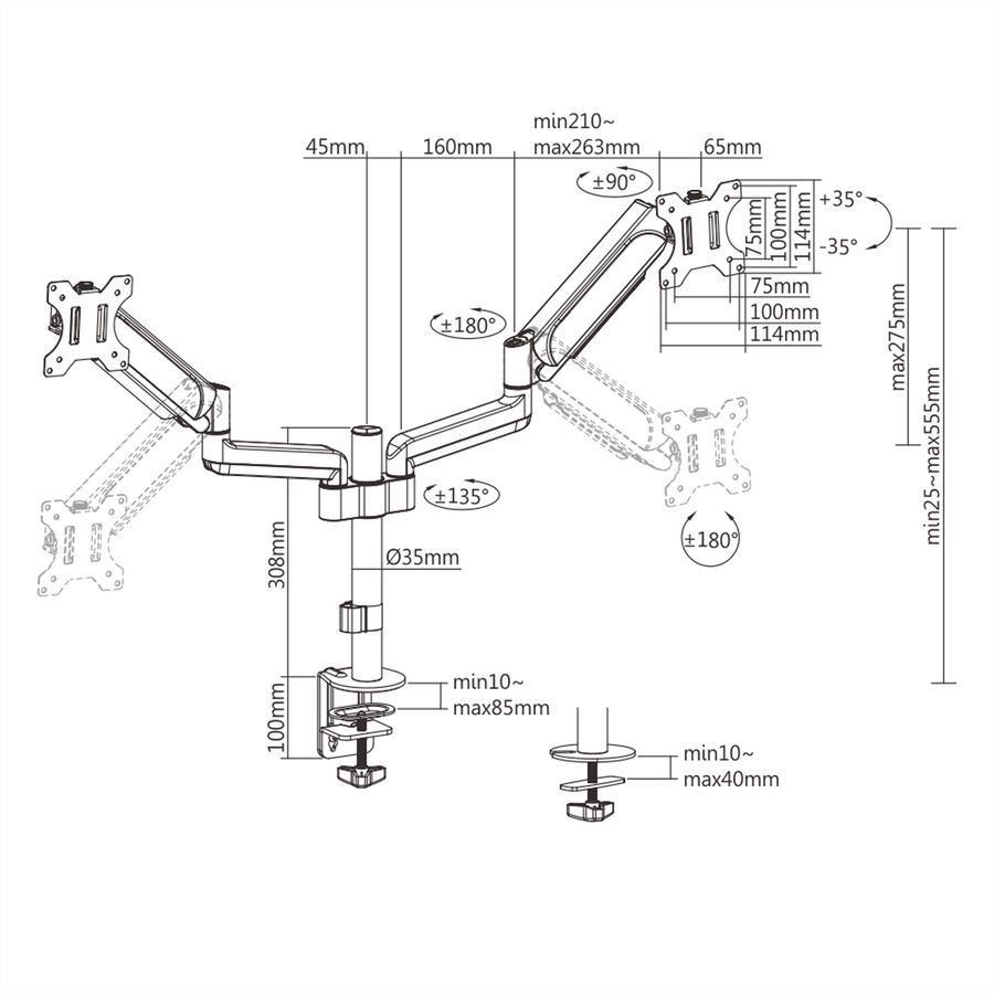 VALUE Dual Monitor Arm, Pole Mount, 4 Joints, Desk Clamp