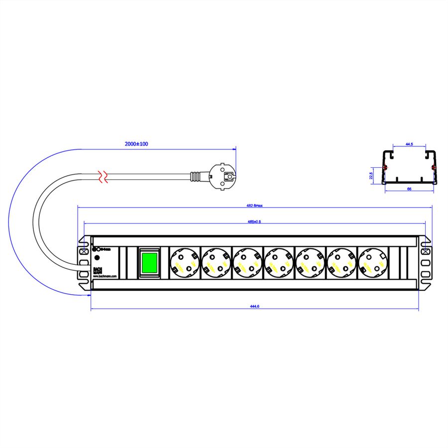 BACHMANN Craftsman socket strip 7x earthing contact, switch, 19-inch rack compatible, 2 m