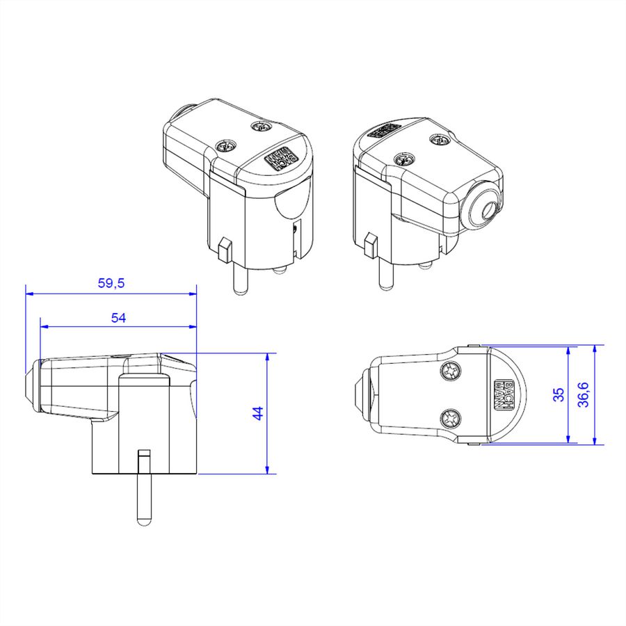 BACHMANN Angled mounting plug black, CEE 7/7 2-pole with earthing contact