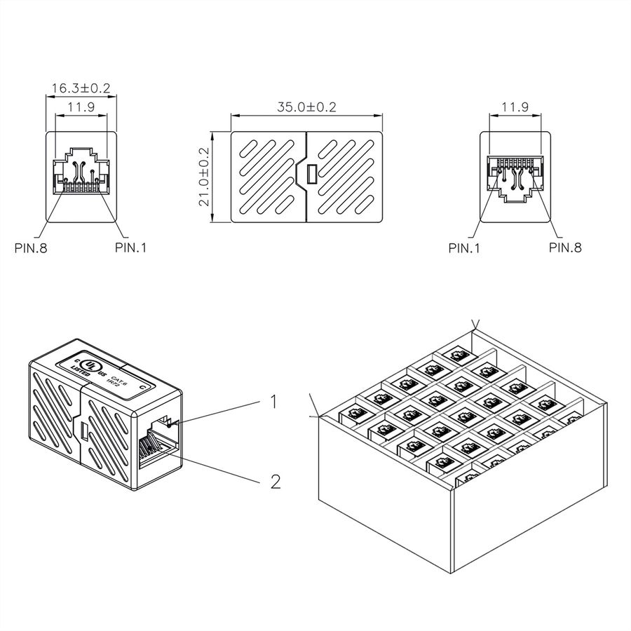 ROLINE RJ45 Koppelstuk, onafgeschermd, Cat.6 (Class E), Verpakking van 25 stuks