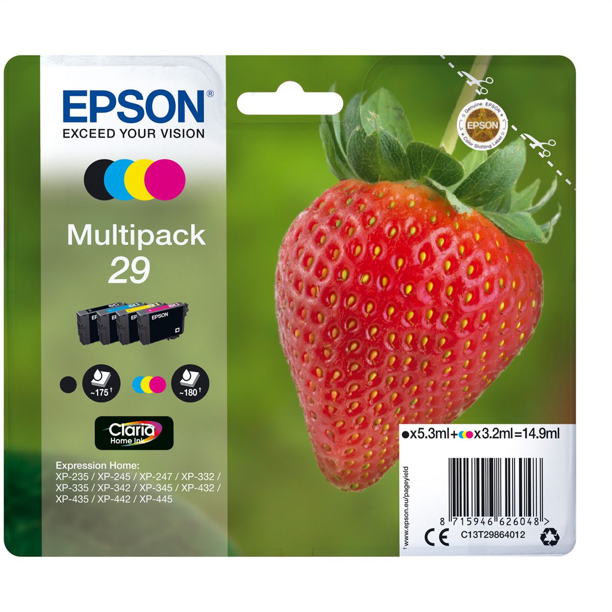 C13T29864010, Multipack 29, inktpatronen zwart, cyaan, magenta, geel, 1x 5,3 ml, 3x 3,2 ml voor EPSON Expression Home XP-235, XP-332, XP-335, XP-432, XP-435