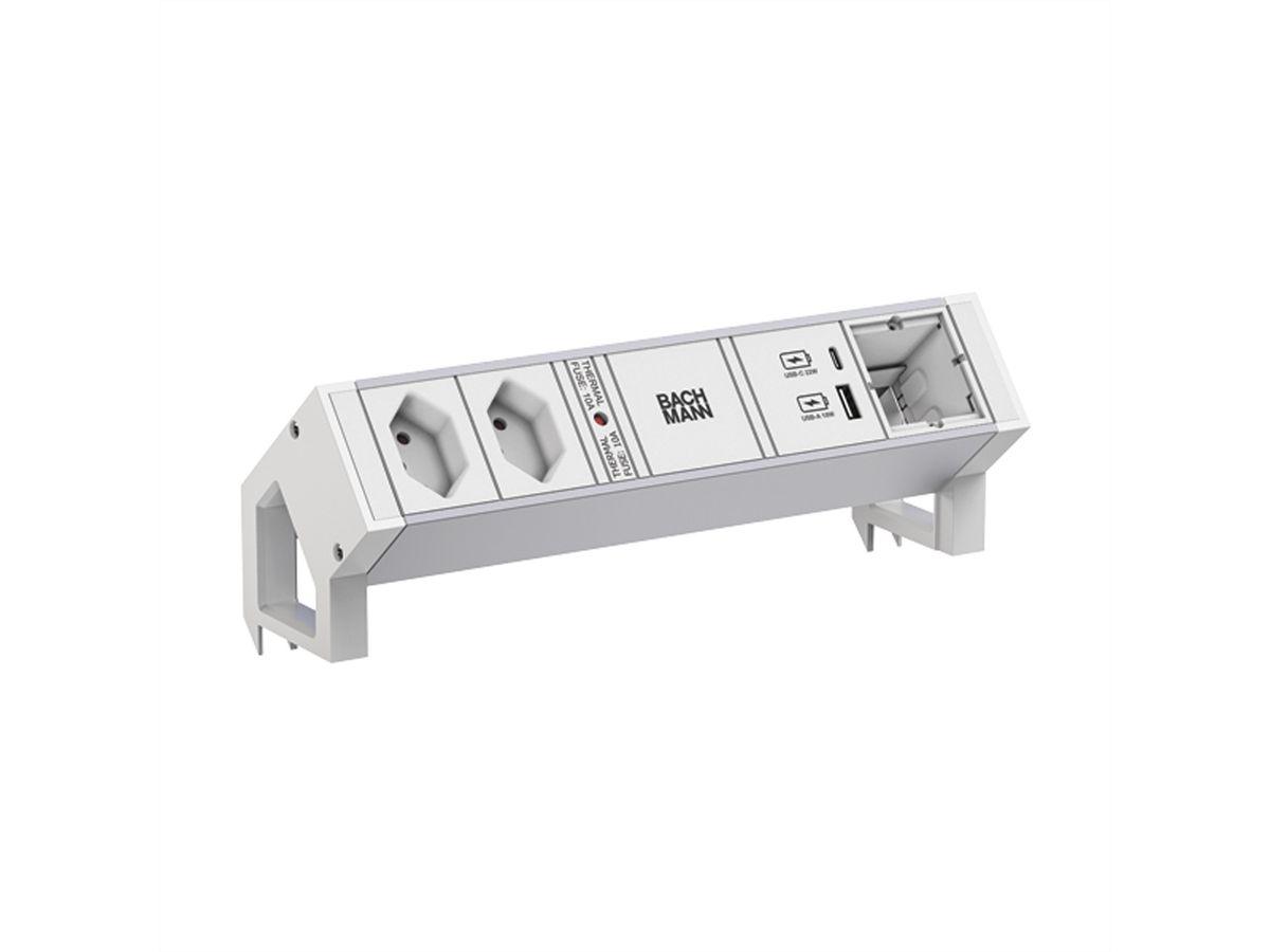 BACHMANN DESK2 ALU WHITE 2xCH 0° 1xCM 1xUSB A/C 22W 0.2m GST18