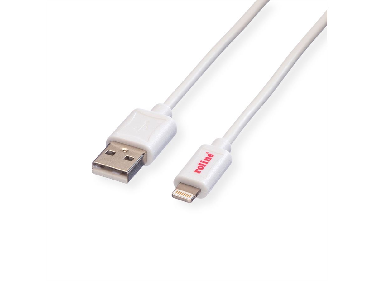 ROLINE Lightning naar USB 2.0 kabel voor iPhone, iPod, iPad, wit, 1,8 m