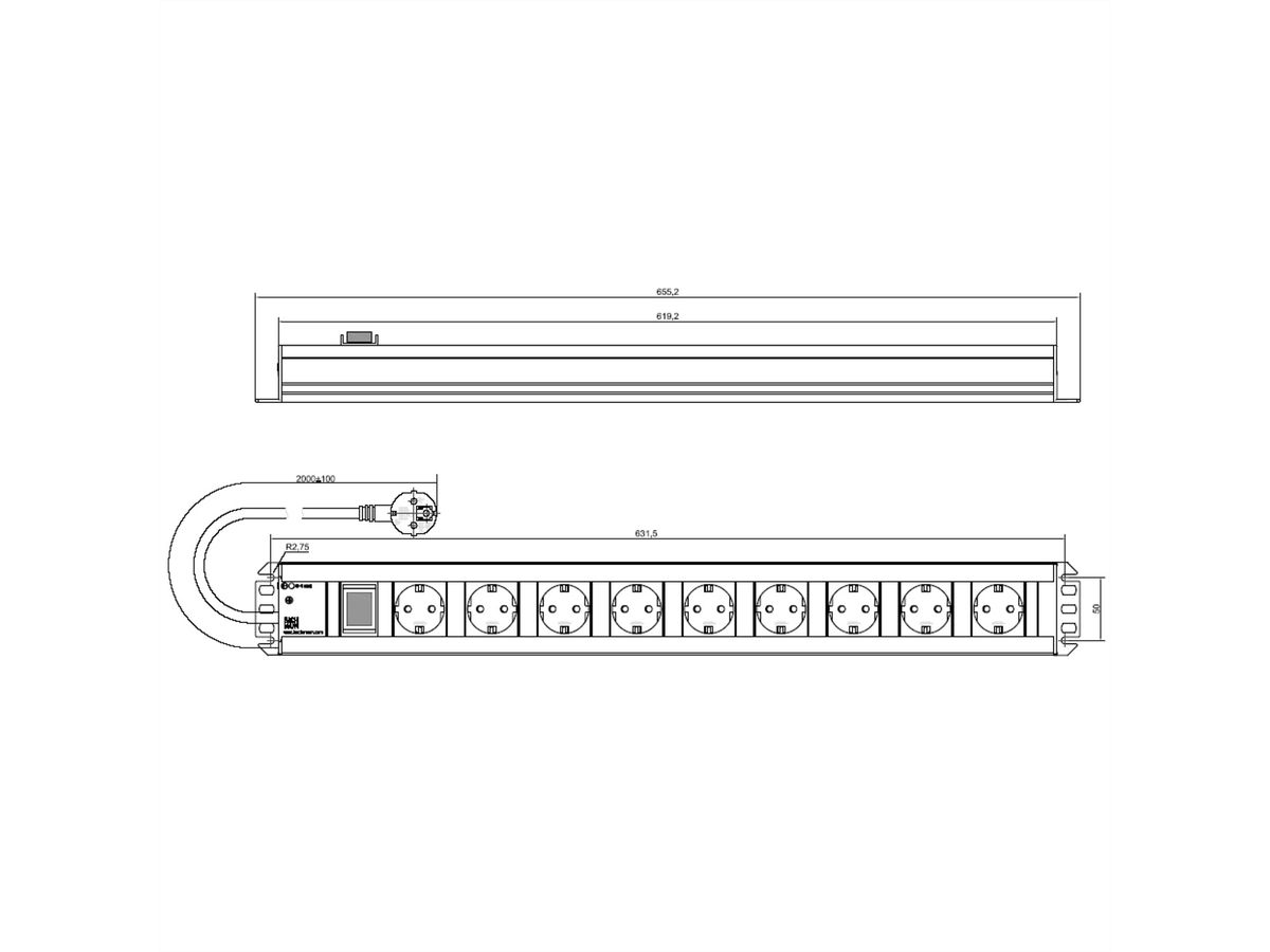 BACHMANN stekkerdoos 9x geaard contact, met schakelaar, 2 m