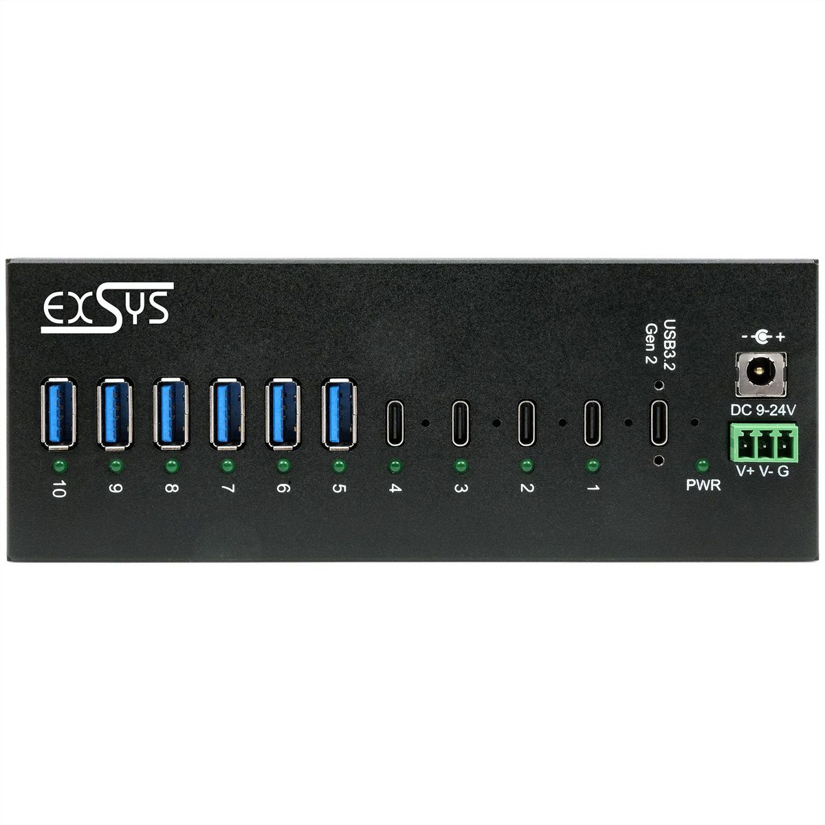 EXSYS EX-12280HMS 10 Port USB 3.2 Gen 2x1 Metal HUB, 4x USB-C, 6x USB-A 3.2 Gen 1, for desk, wall and DIN-Rail mounting