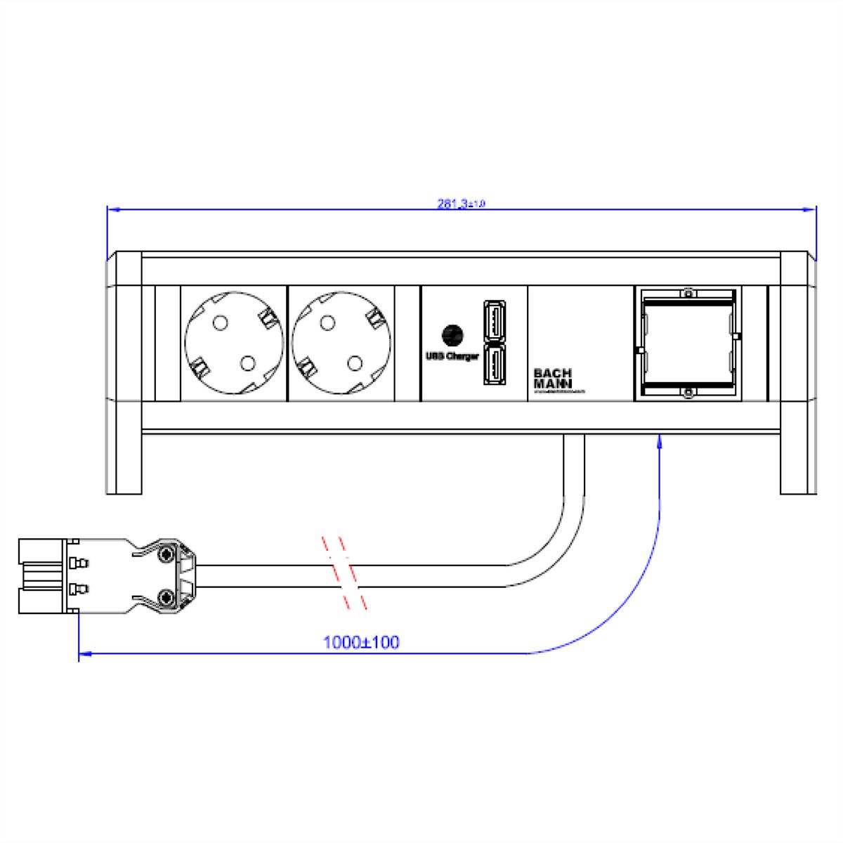 BACHMANN DESK 2xCEE7/3 1xUSB Charger, 1 m