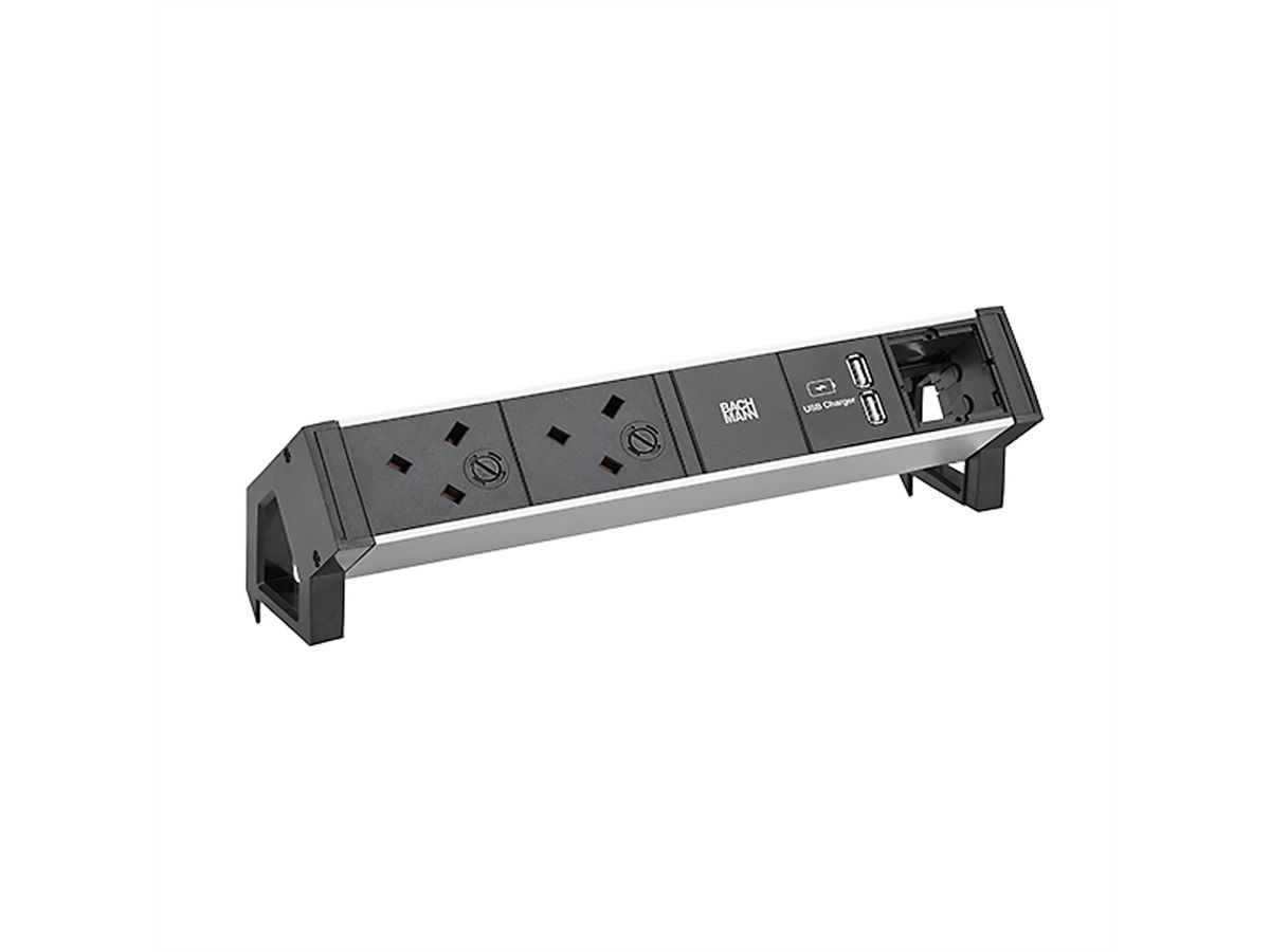 BACHMANN DESK2 ALU BLACK 2xUK 1xCM, USB Charger 0.2m GST18 United Kingdom