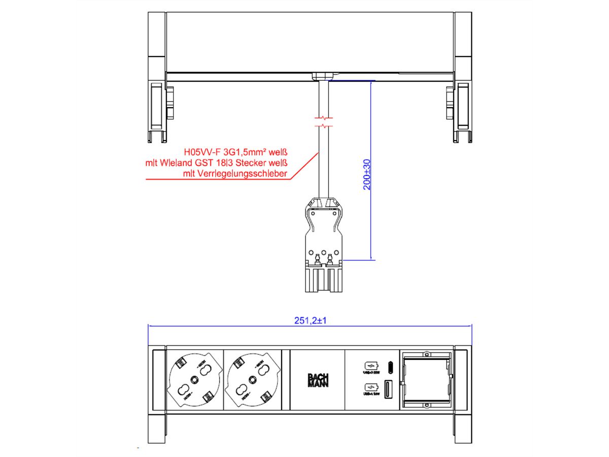 BACHMANN DESK2 wit 2xP40 1xschakelaar 1xUSB A/C 22W 1xCM 0,2m GST18