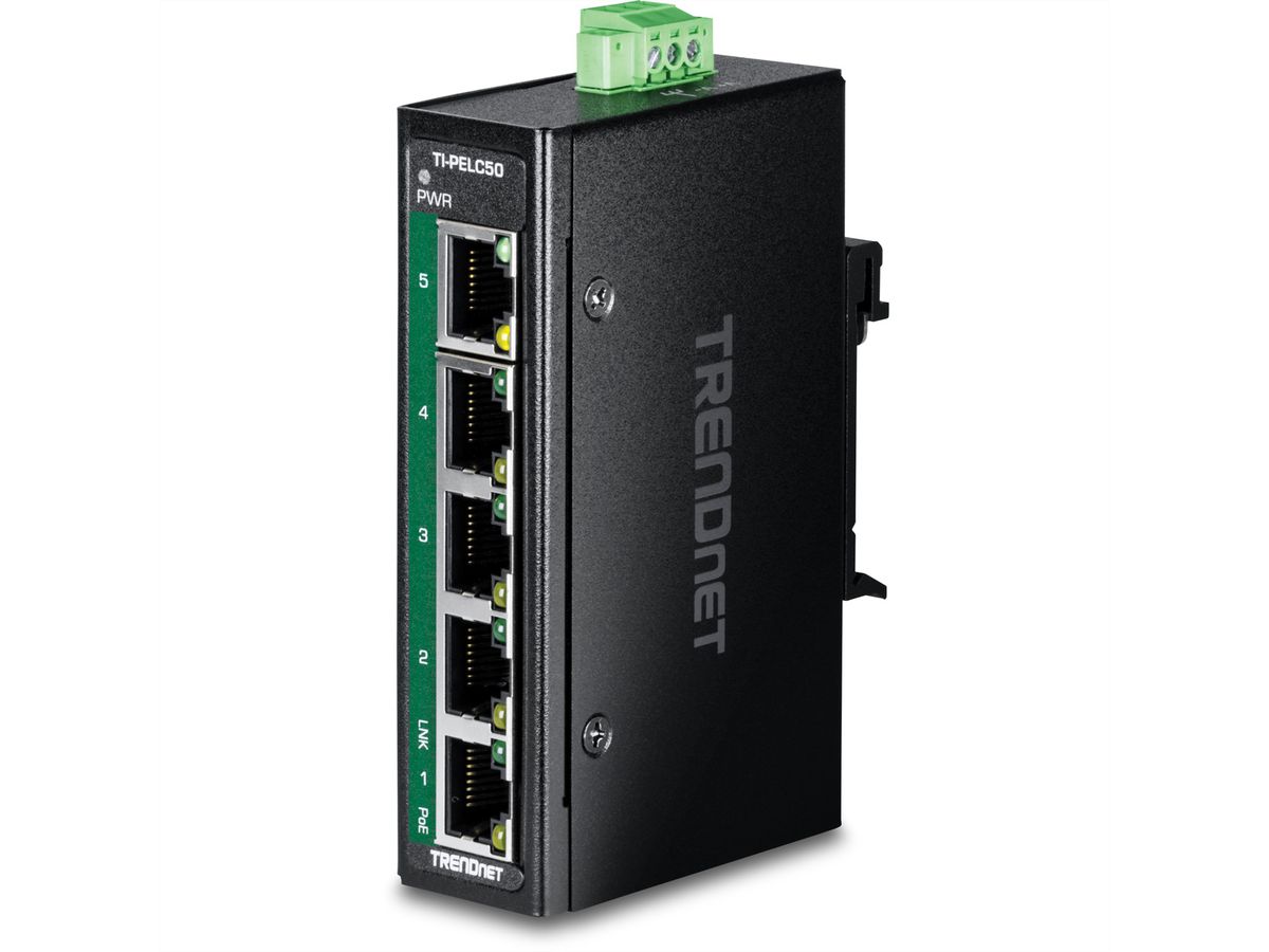 TRENDnet TI-PELC50 5-Port Ethernet PoE+ Industrial DIN-Rail Mini Switch