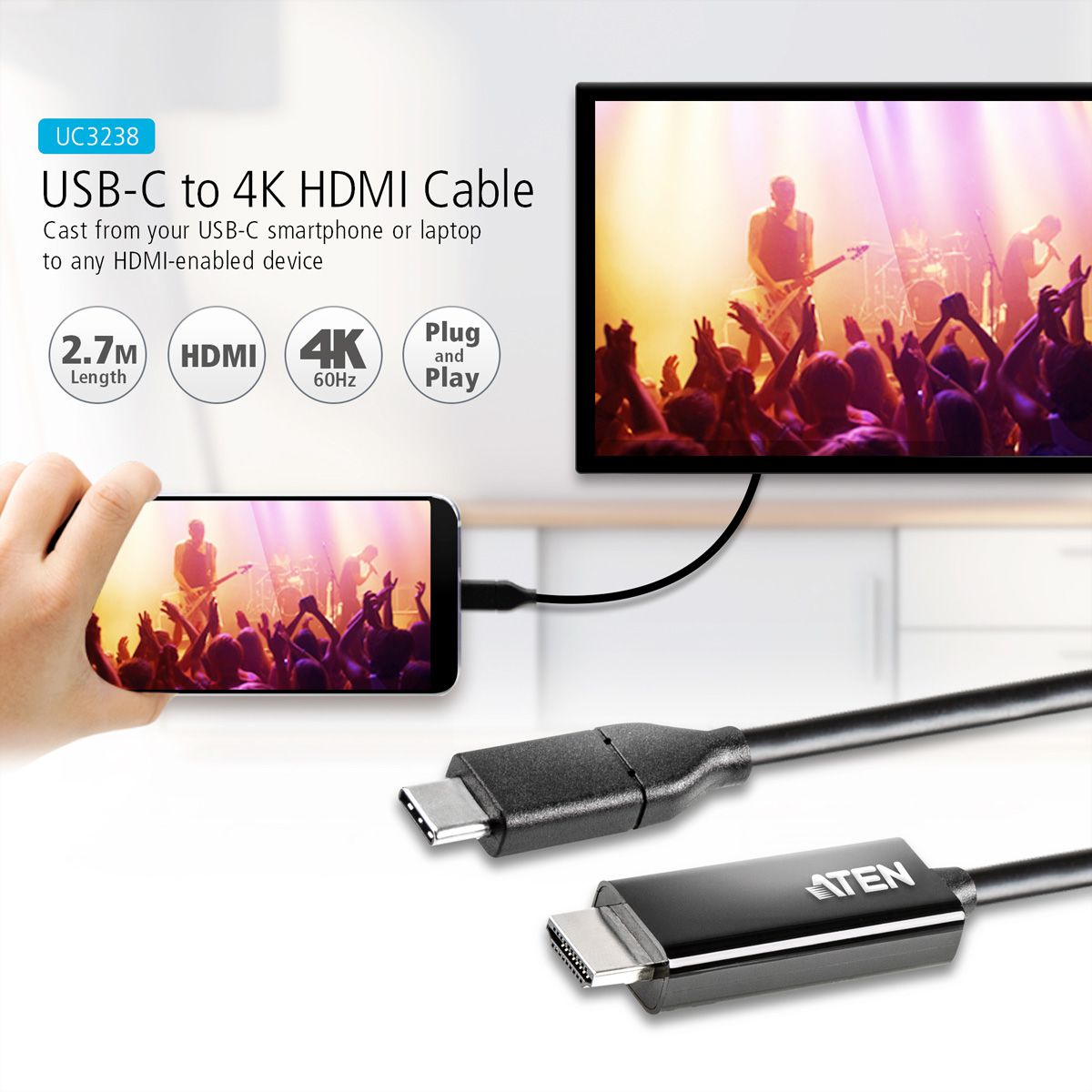 ATEN UC3238 USB-C to 4K HDMI Kabel, 2,7 m