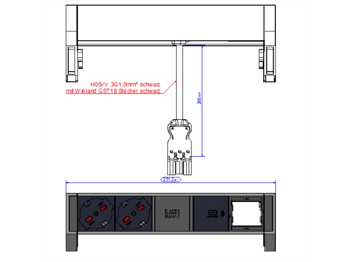 BACHMANN DESK2 ALU ZWART 2xP40 1xCM, 1xUSBC 30W 0,2m GST18 Italië