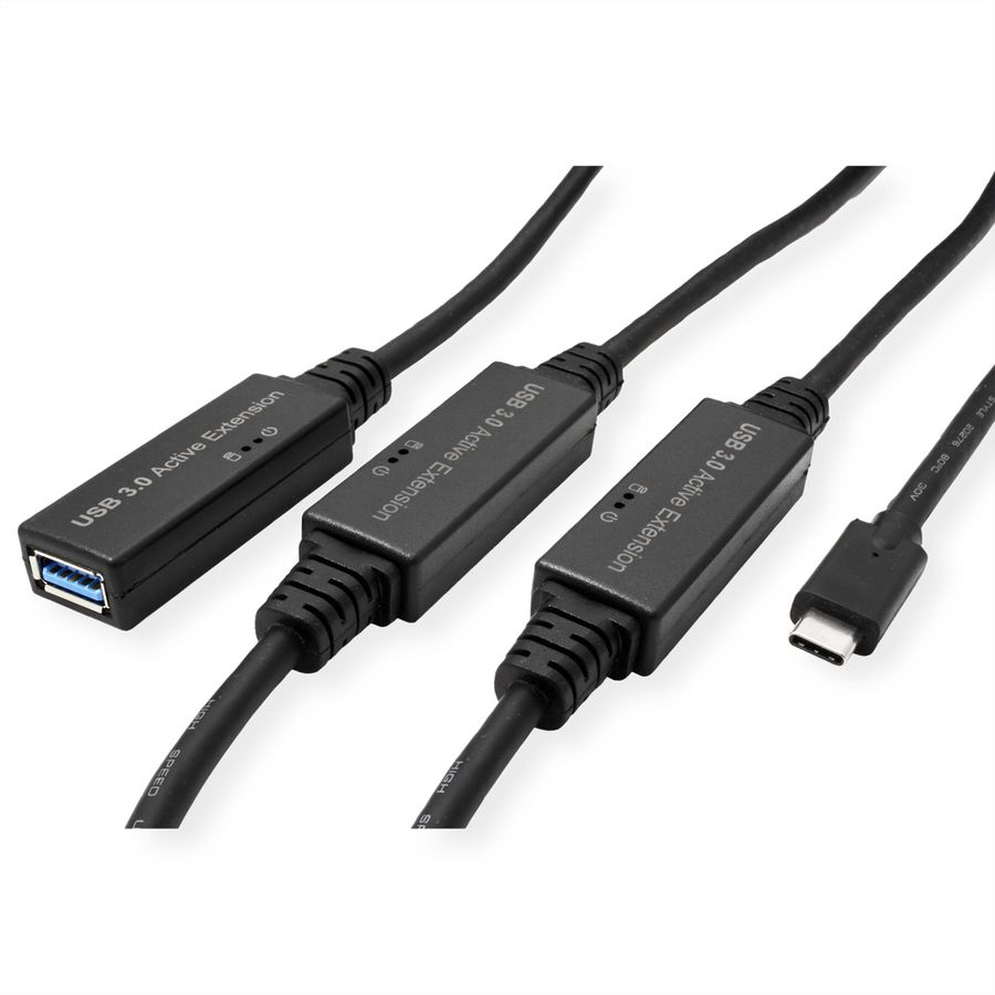 ROLINE USB 3.2 Gen 1 Actieve Repeater kabel, Type A - C, zwart, 20 m