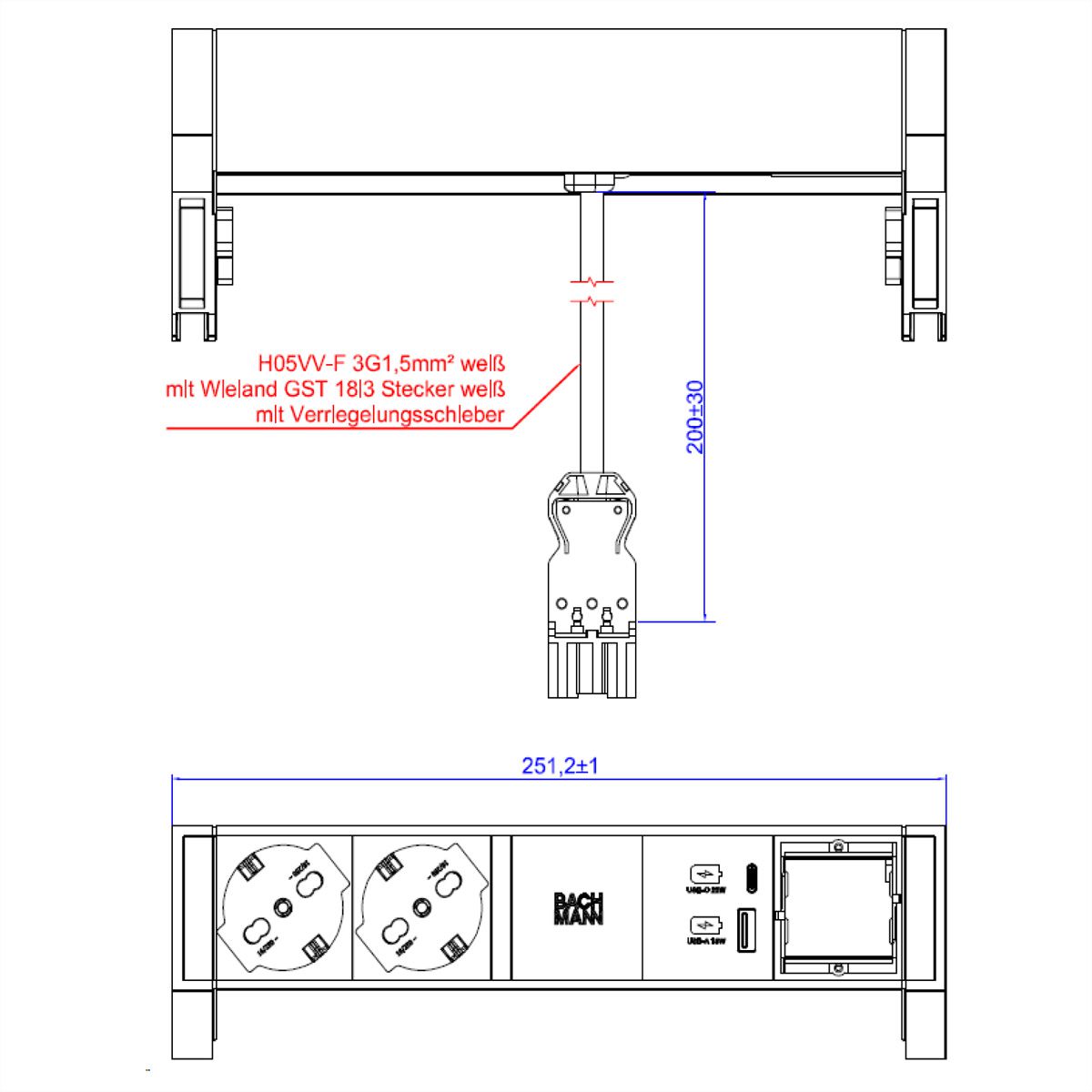 BACHMANN DESK2 wit 2xP40 1xschakelaar 1xUSB A/C 22W 1xCM 0,2m GST18
