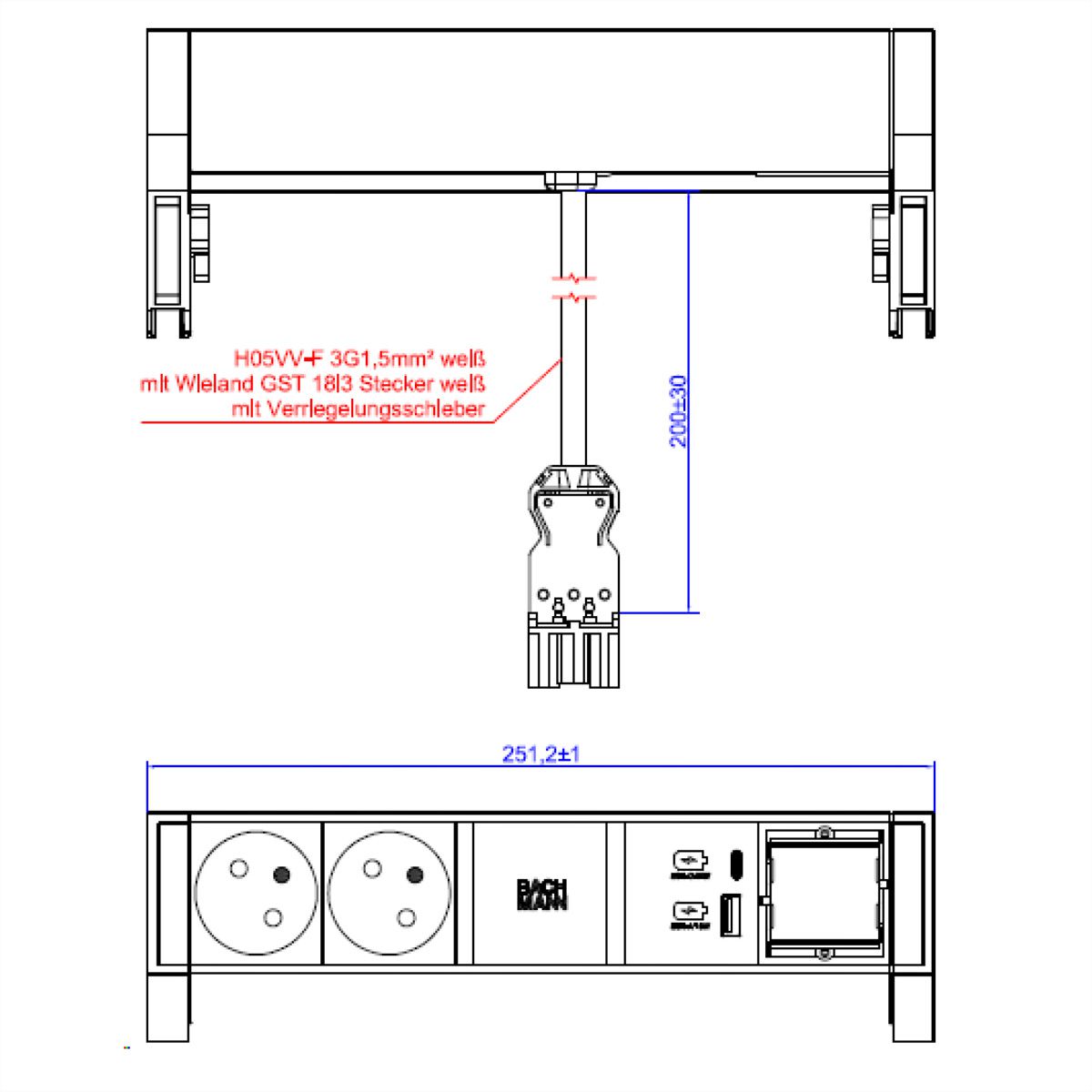 BACHMANN DESK2 wit 2xUTE 1xCM 1xUSB A/C 22W 0,2m GST18