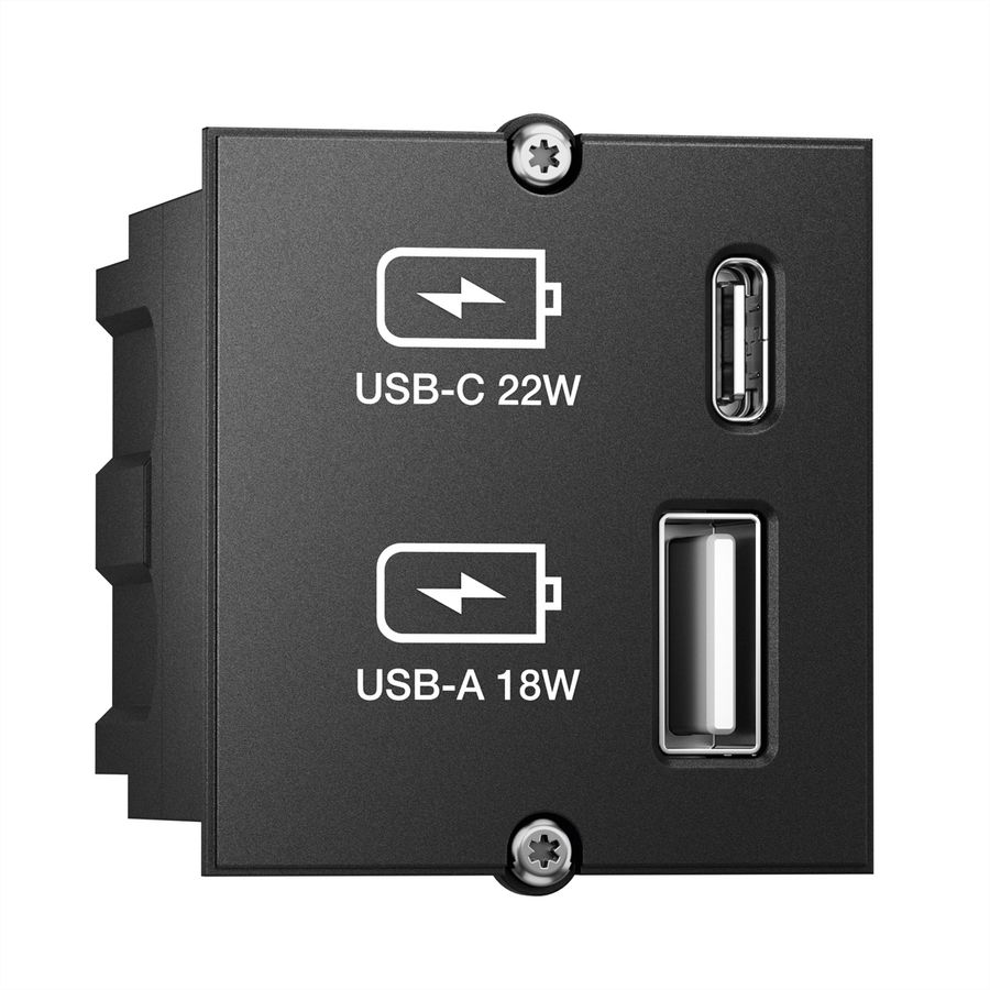 BACHMANN Custom USB Oplader Module Type A & Type C 22W, Snel opladen, zwart