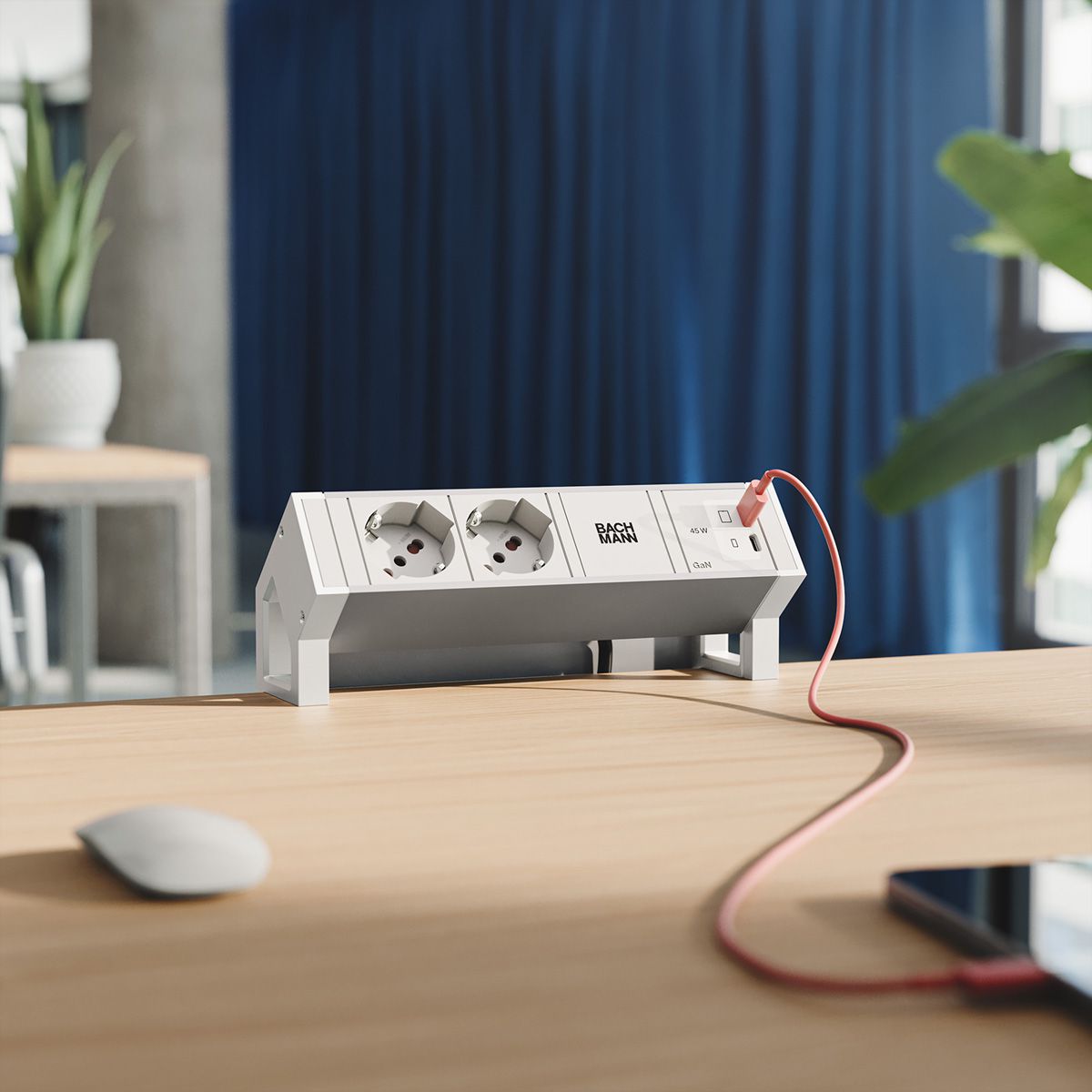 BACHMANN DESK2 ALU WHITE 2xP40, 1xUSB C/C 45W L=0.2m RAL9010