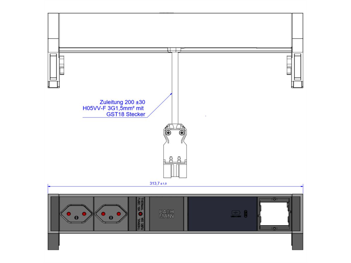 BACHMANN DESK2 2xCH 1xUSB C 60W 1xCM, 0,2m GST18 RAL9010 Switzerland
