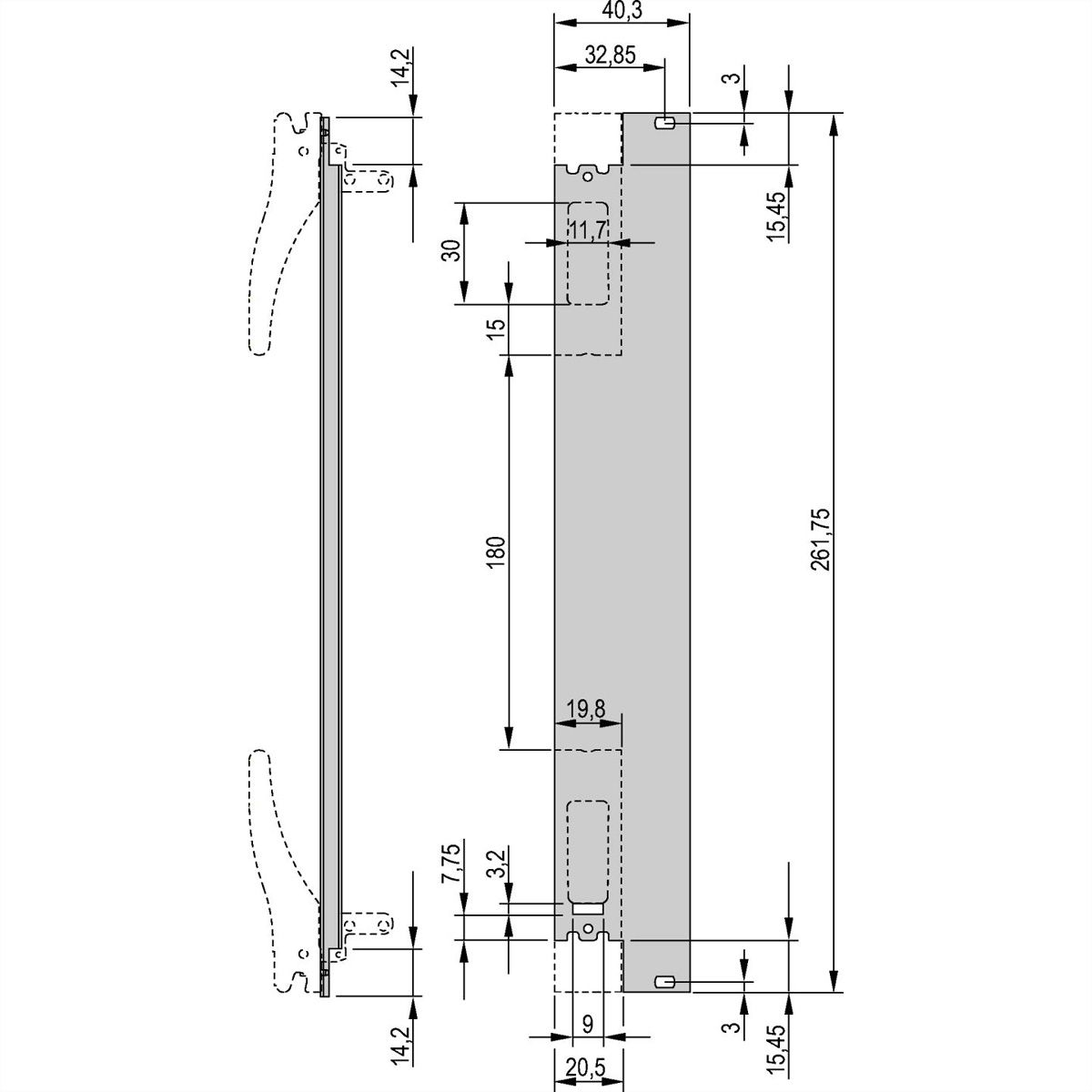 SCHROFF Insteekmodule U-profiel voor XL handgreep, 6 HE, 8 HE, 2,5 mm, Al, voor geanodiseerd, achter geleidend