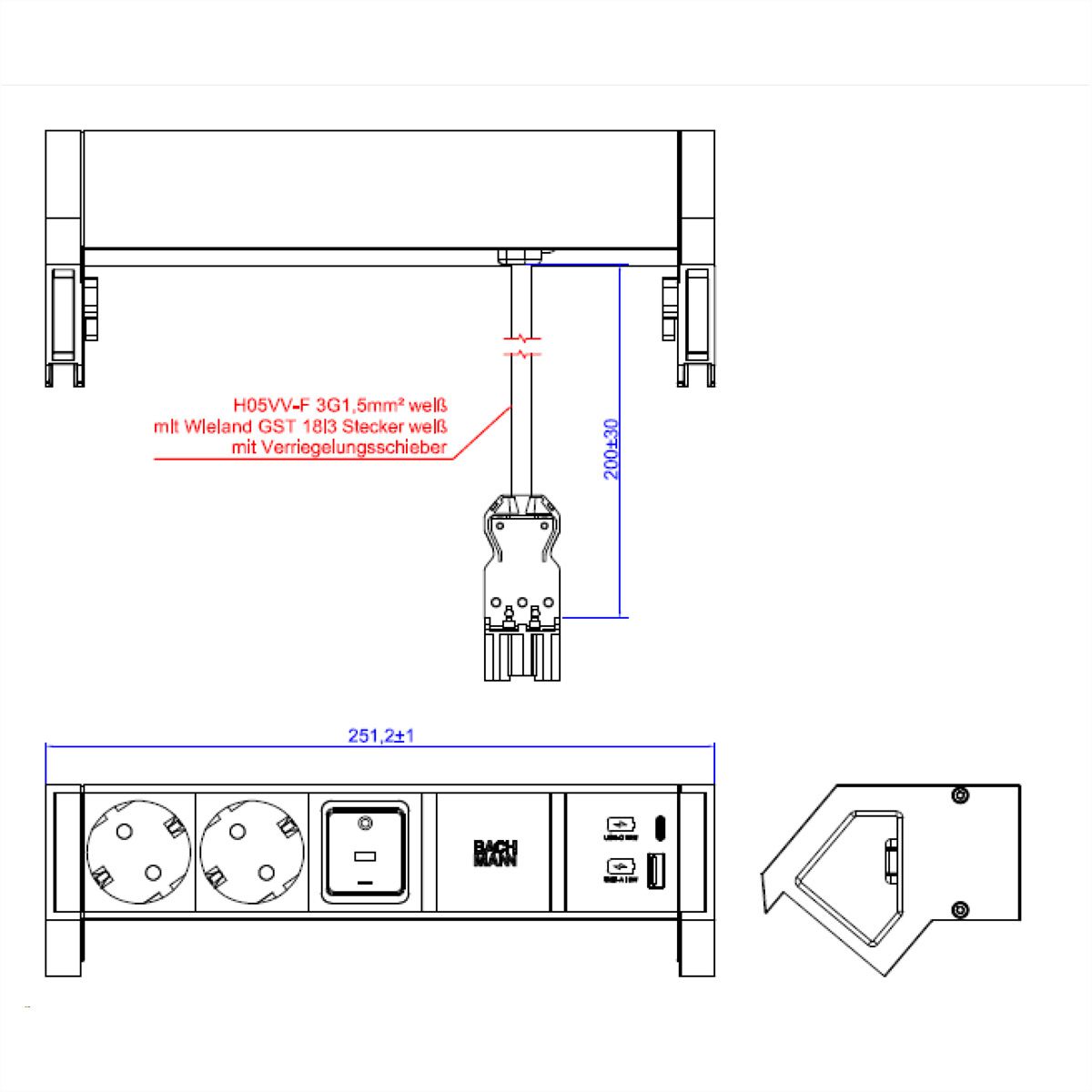 BACHMANN DESK2 wit 2xCEE7/3 1xUSB A/C 22W 0,2m GST18